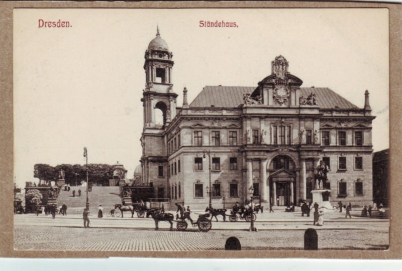 P1343 postcard unused view horse & wagons dresden standehaus germany