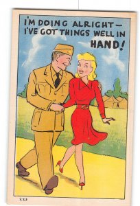 Comic Humor Military Postcard 1930-1950 Soldier with Pretty Woman Well in Hand