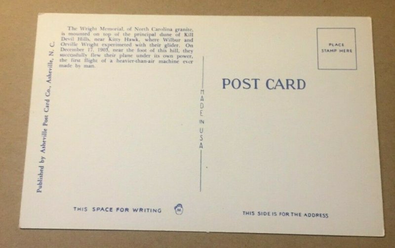 VINTAGE UNUSED LINEN POSTCARD WRIGHT MEMORIAL  KILL DEVIL HILLS N.C.