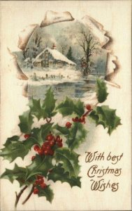 Christmas House Winter Snow Holly Silk Winsch c1900s-20s Postcard