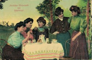 Happy Birthday Group of Women at a Table Vintage Postcard 07.12