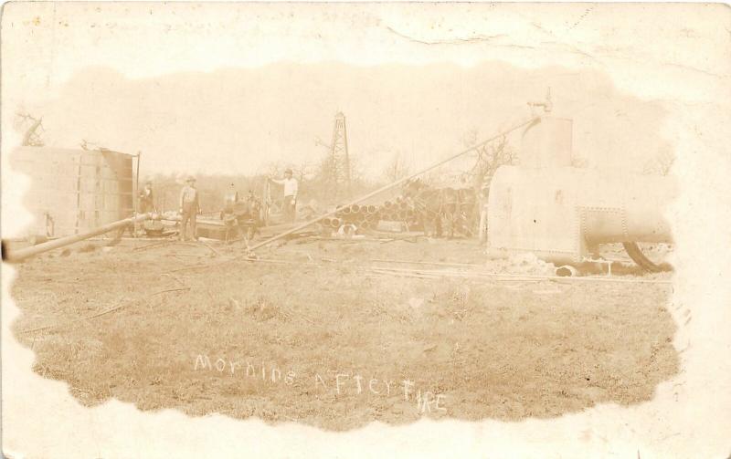 F13/ Occupational RPPC Postcard c1910 Fire Disaster Oil Well Pipeline Crew 19