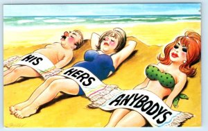 Bamforth RISQUE COMIC Beach Scene BUSTY BATHING BEAUTIES c1950s Taylor Postcard 