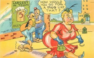 1940s Fat Woman mug beer Comic humor Fox Tichnor #614 Postcard 22-8575