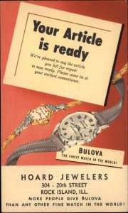 Rock Island Illinois IL Bulova Watch Jewelers Article is Ready Notice Vintage PC