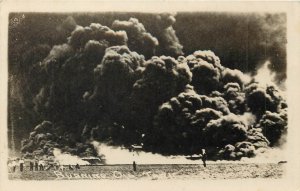 RPPC Postcard Burning Oil Tank, People Watch Dark Clouds of Smoke, Unknown US