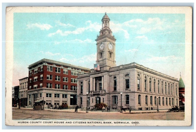 1924 Huron County Court House Citizens National Bank Road Norwalk Ohio Postcard
