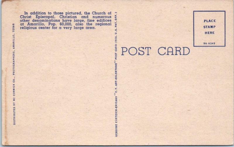 AMARILLO, Texas  TX   CHURCHES Methodist, Baptist, etc.  ca 1940s Linen Postcard