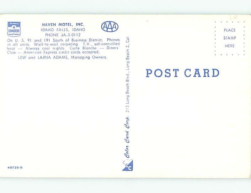 Unused Pre-1980 HAVEN MOTEL Idaho Falls Idaho ID u2921
