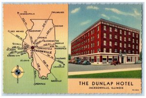 c1950's Dunlap Hotel & Restaurant Building Cars Jacksonville Illinois Postcard