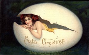 Easter Fantasy - Beautiful Woman in Giant Cracked Egg Shell c1910 Postcard