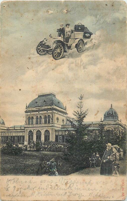 Vintage 1905 Hungary Fell Lipikre surrealisme flying oldtimer classic car couple