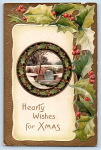 Christmas Postcard Holly Berries Bridge Winter Scene Embossed 1914 Antique