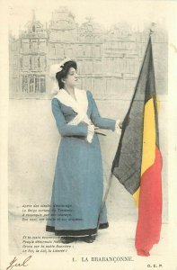 UDB Hand-Colored Postcard 1. La Brabançonne Belgium Nat'l Anthem Lady & Flag
