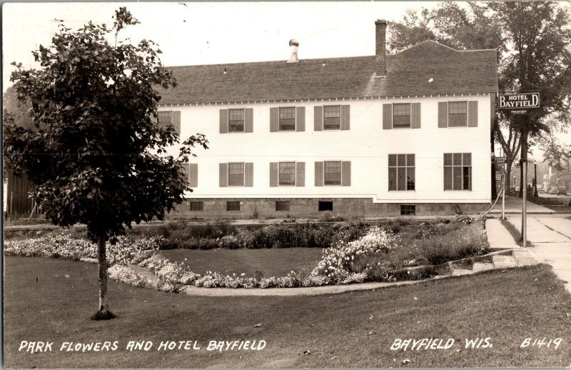 RPPC Park Flowers and Hotel Bayfield, Bayfield WI c1946 Vintage Postcard M42