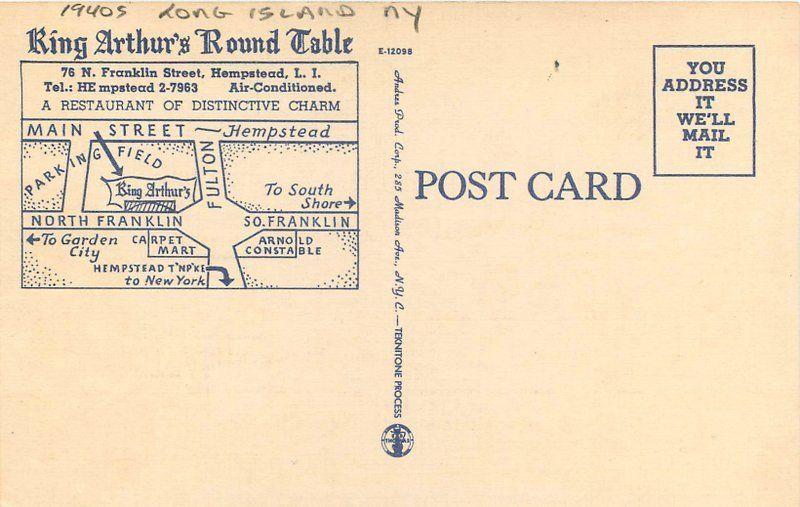 King Arthur's Round Table Restaurant 1940s Long Island New York Postcard 12344