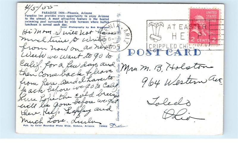 1950s Paradise Inn Hotel Phoenix Arizona Vintage Postcard C33