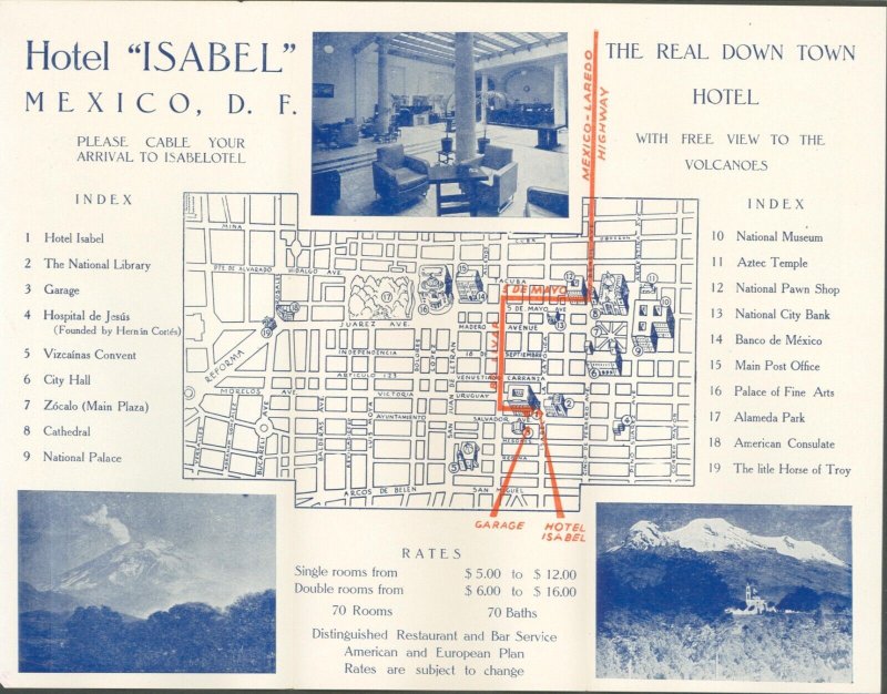 MEXICO CITY~HOTEL ISABEL-QUEEN ISABEL LA CATOLICA~1930s BROCHURE & MAP 