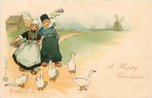 Postcard 1905 Dutch children Geese windmill undivided TP24-2187