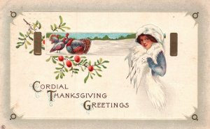 Vintage Postcard 1913 Cordial Thanksgiving Greetings Card Pretty Woman Turkeys