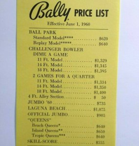 Bally Operator Price List Arcade Game Bingo Pinball June 1 1960 Ball Park Jumbo