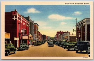 Vtg Waterville Maine ME Main Street View Downtown Old Cars 1940s Linen Postcard