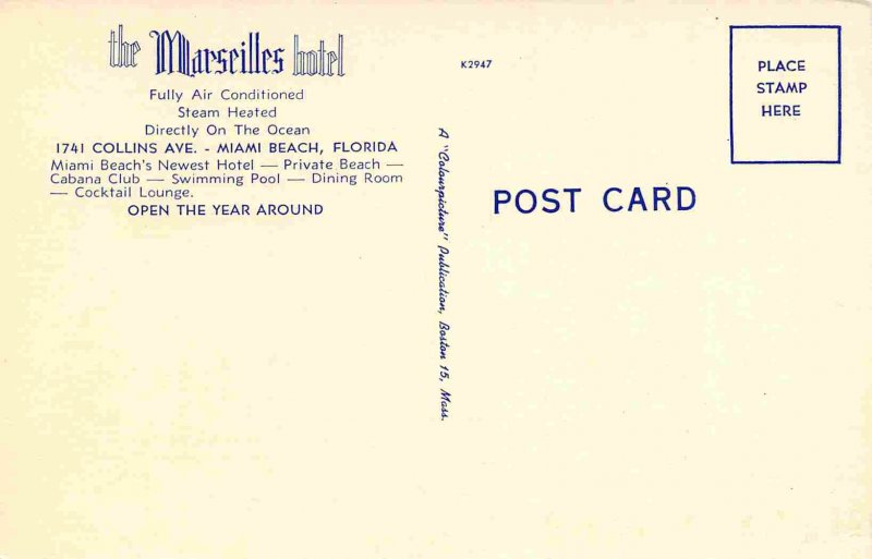 Marseilles Hotel Miami Beach Florida linen postcard