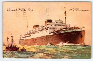 MV Britannic Ship Boat Postcard Cunard White Star Line Steamship Vintage 1936