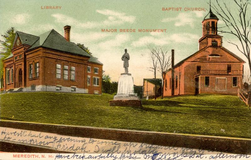 NH - Meredith. Soldiers' Monument, Baptist Church and Library