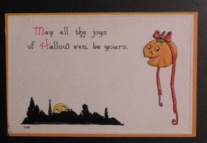 Mint USA Picture Postcard Halloween Pumpkin With Bow Moon Peeking over Horizon