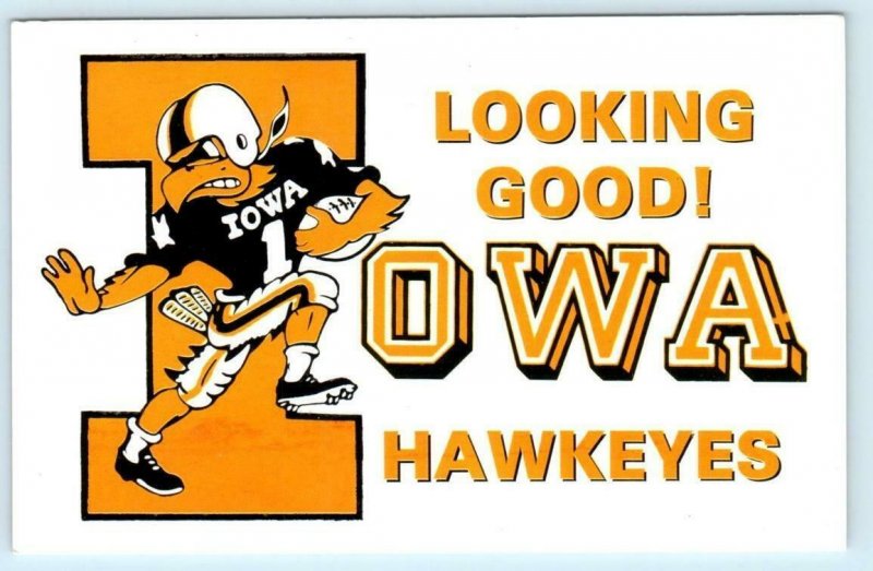 2 Postcards UNIVERSITY OF IOWA, Iowa City IA ~ Football HAWKEYES MASCOT c1970s