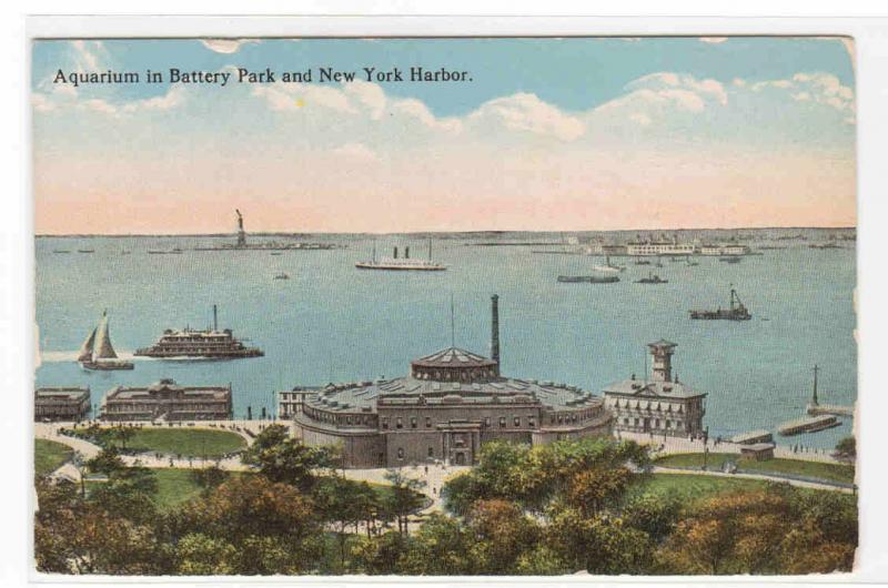 Battery Park Aquarium & Harbor New York City 1920s postcard