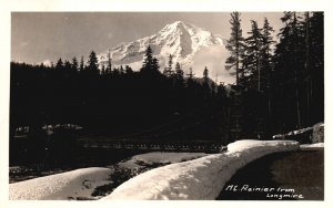 Postcard Real Photo Snow Capped Mt. Rainier Forest from Longmire Bridge RPPC