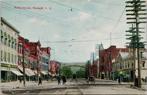 Main Street Hornell NY New York Streetcar Tram Bank of Reuben Sign Postcard H50