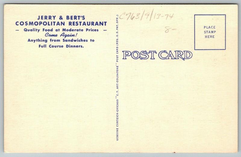 Painesville Ohio~Jerry & Bert's Restaurant~ART DECO Diner~1949 Linen Postcard 