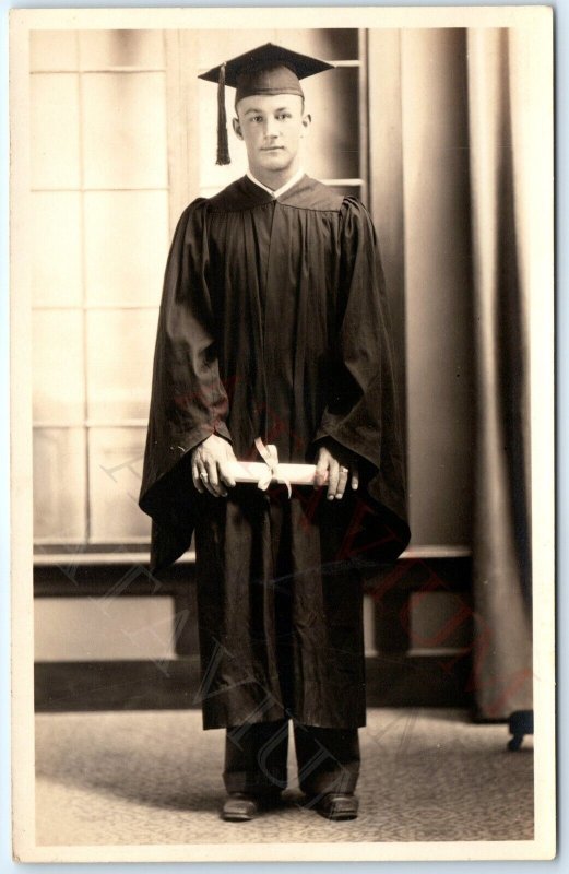 c1940s Graduation Young Man RPPC High School Diploma Boy Gown Rings Photo A174
