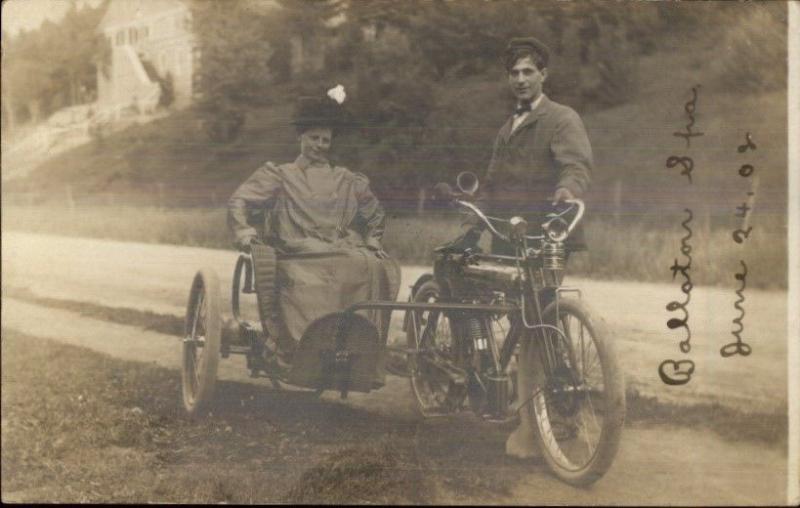 Ballston Spa NY Motorcyle Woman in Sidecar 1908 Real Photo Postcard