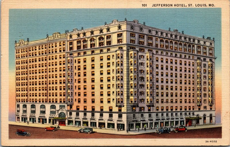 Vtg 1930's Jefferson Hotel St Louis Missouri MO Linen Postcard