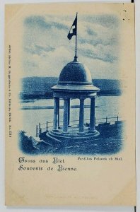 Biel Switzerland Greetings Scenic View c1900 Pavilion with Flag Postcard G4