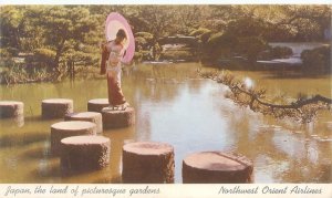 Japan Picturesque Garden, Woman w/Parasol Northwest Orient Airlines Postcard