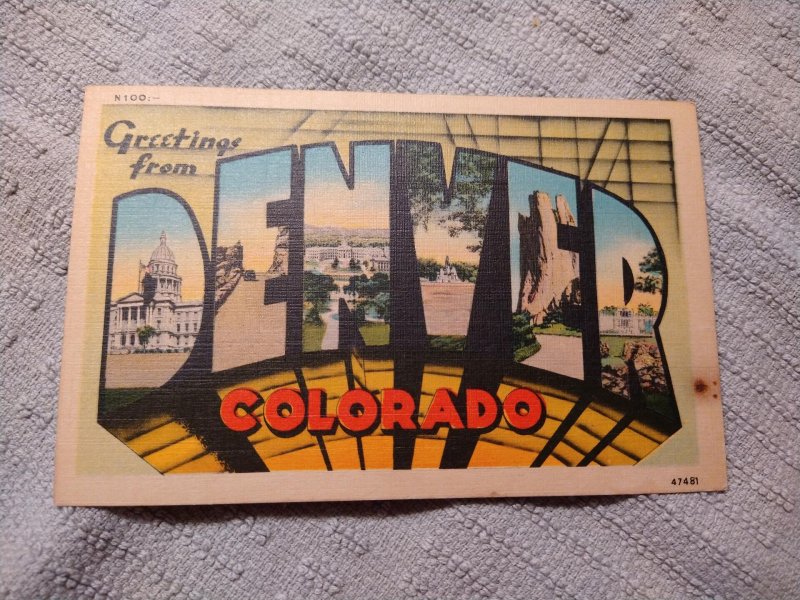 1940's Greetings from Denver Colorado Large Letter Linen Postcard