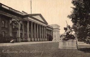 Vintage Postcard 1910's Public Library Stone Building Statue Melbourne Australia