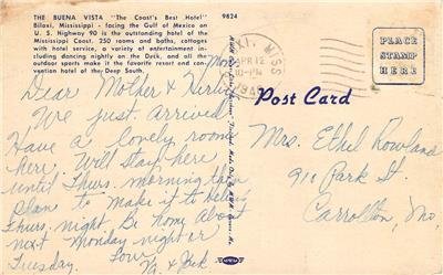 THE BUENA VISTA Gulf of Mexico Biloxi, Mississippi Hotel Vintage 1948 Postcard