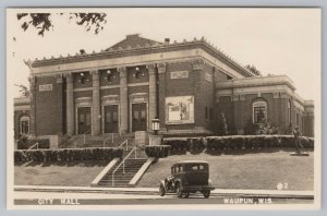 Waupun Wisconsin~City Hall~WWII Sign Drown 'Em In War Bonds~1920-30s Car~RPPC