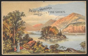 VICTORIAN TRADE CARD Burt & Packard Fine Shoes People at Shore Island River Mtn