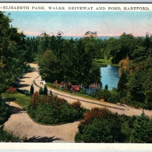 c1920s Hartford, Conn. Elizabeth Park Birds Eye Walk Driveway Pond Litho PC A220