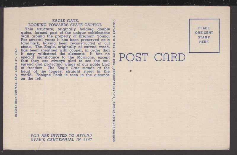 Utah SALT LAKE CITY - Eagle Gate looking towards State Capitol - LINEN