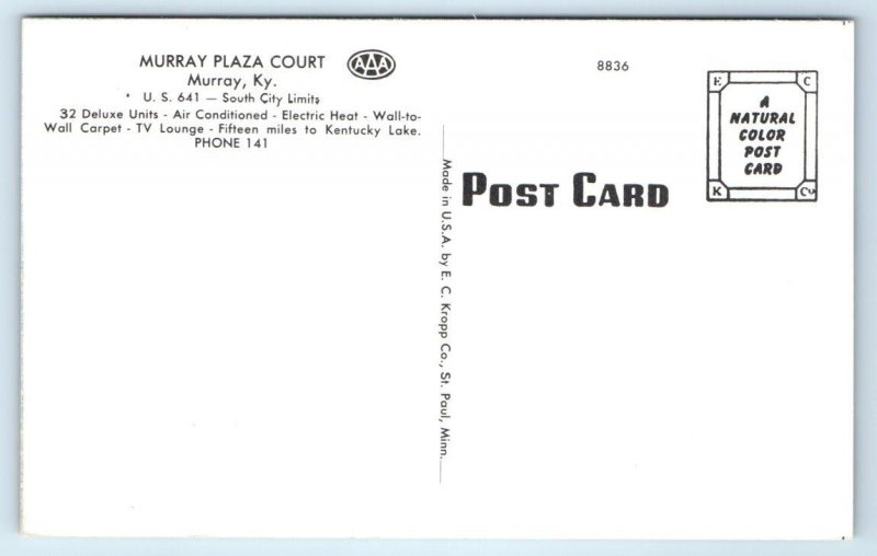 MURRAY, Kentucky KY ~ Roadside MURRAY PLAZA COURT Motel Calloway County Postcard