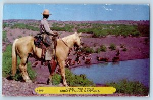 Great Falls Montana Postcard Greetings Riding Horse Animals River 1960 Rembrant