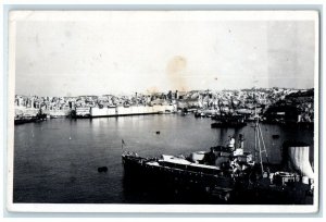 c1920's Grand Harbor Ships View Valletta Malta RPPC Photo Posted Postcard